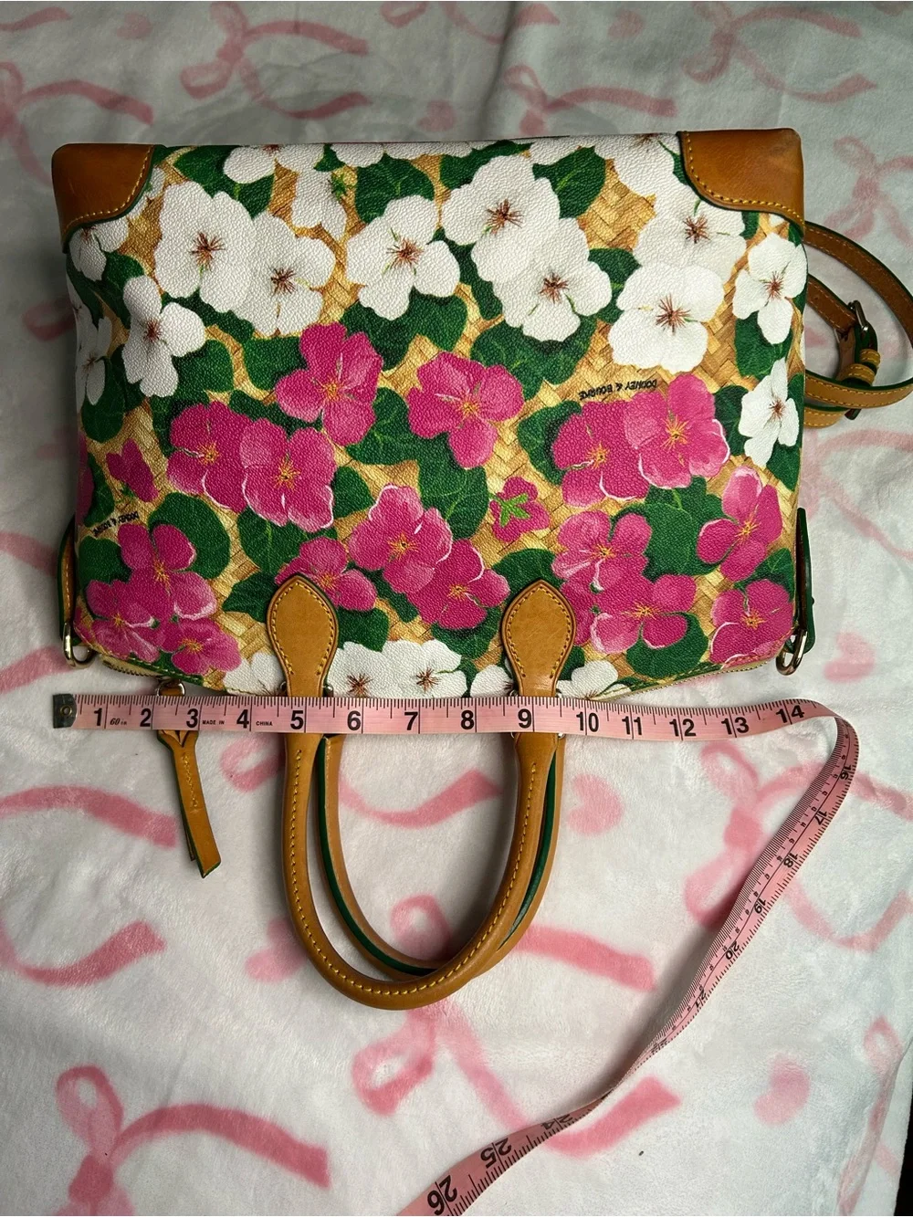Dooney & Bourke Pink, White & Green Floral Satchel with Tan Trim
